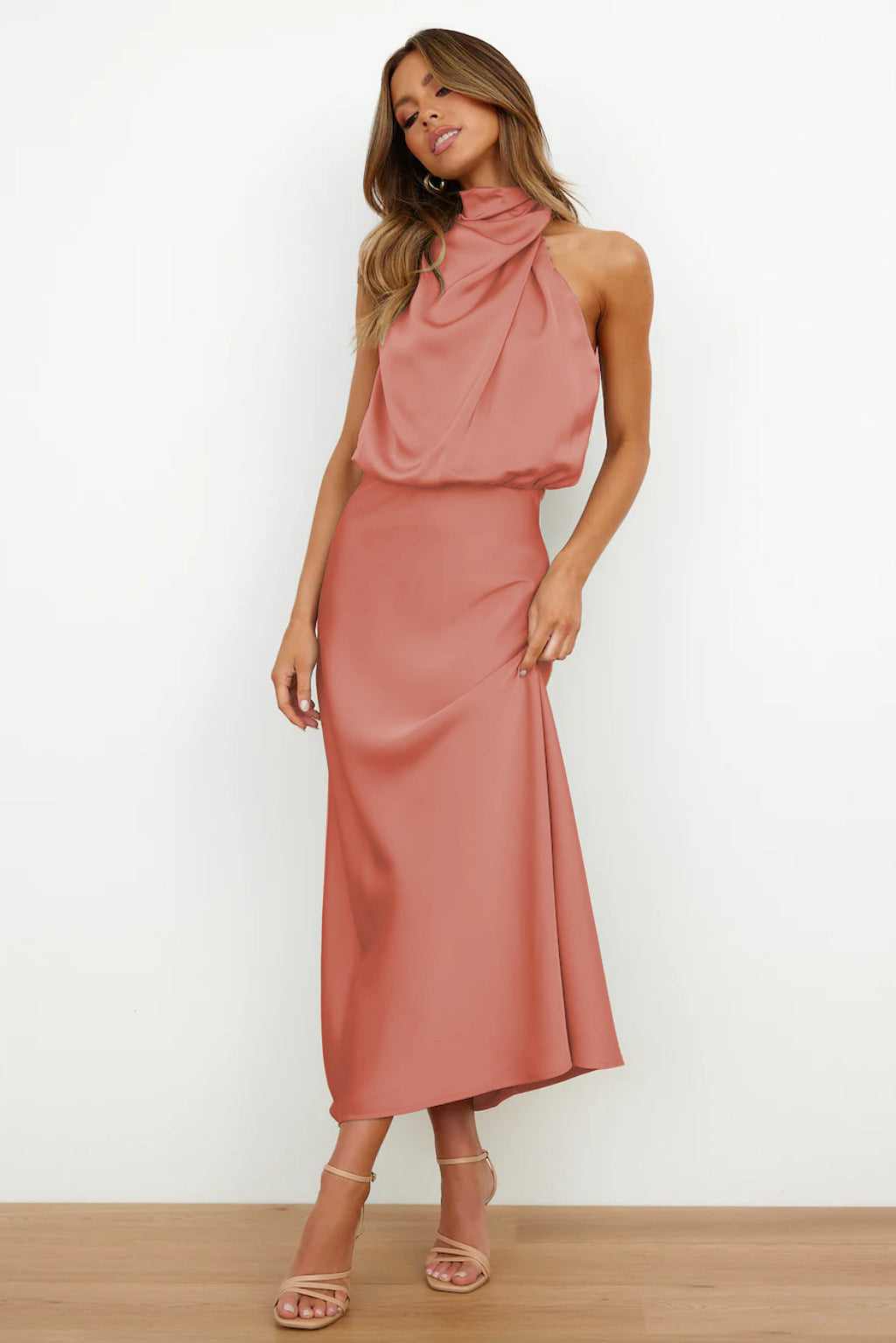 Ivy - Long Satin Dress with Halter Neckline