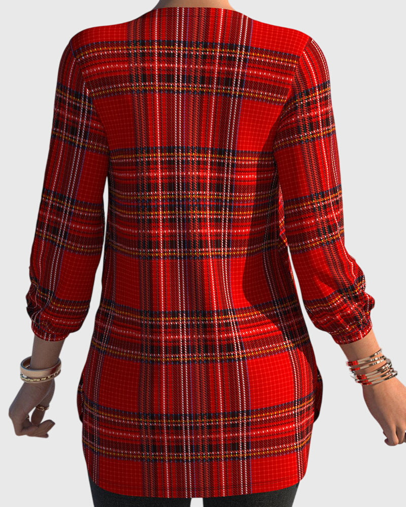 Button-up Plaid Blouse with V-Neck