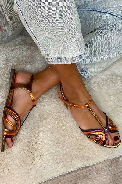 NERINA | Low multi-strap sandals with elegant metallic details