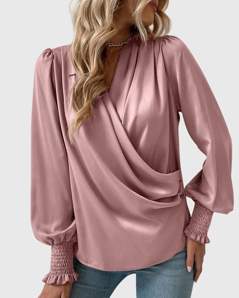 V-Neck Elegant Solid Color Blouse with Balloon Sleeves