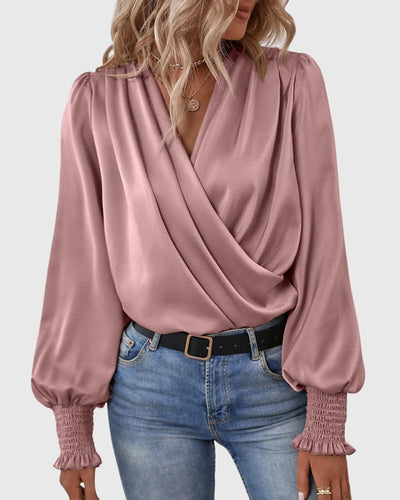 V-Neck Elegant Solid Color Blouse with Balloon Sleeves