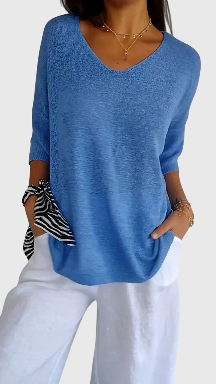 Solid Color Knitted V-neck Top