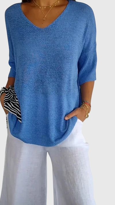 Solid Color Knitted V-neck Top
