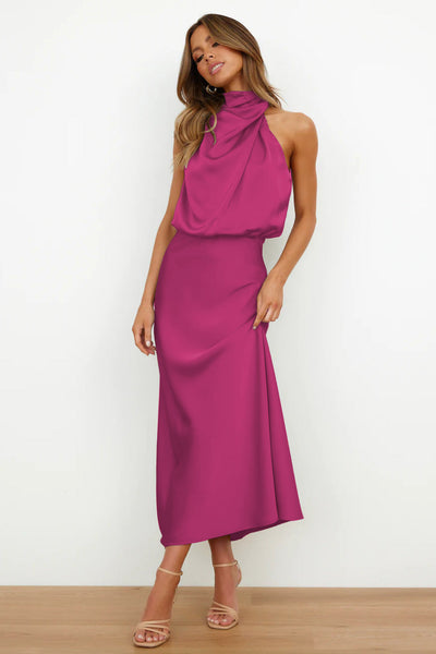 Ivy - Long Satin Dress with Halter Neckline