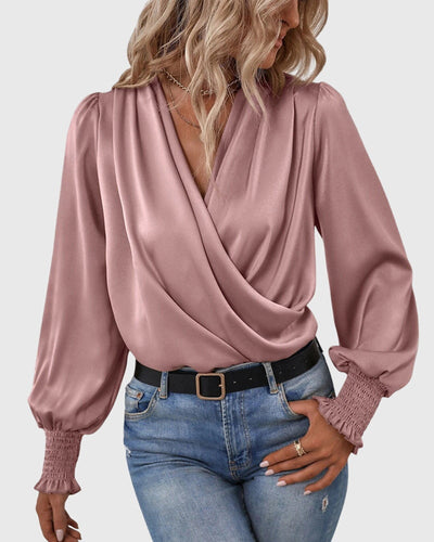 V-Neck Elegant Solid Color Blouse with Balloon Sleeves