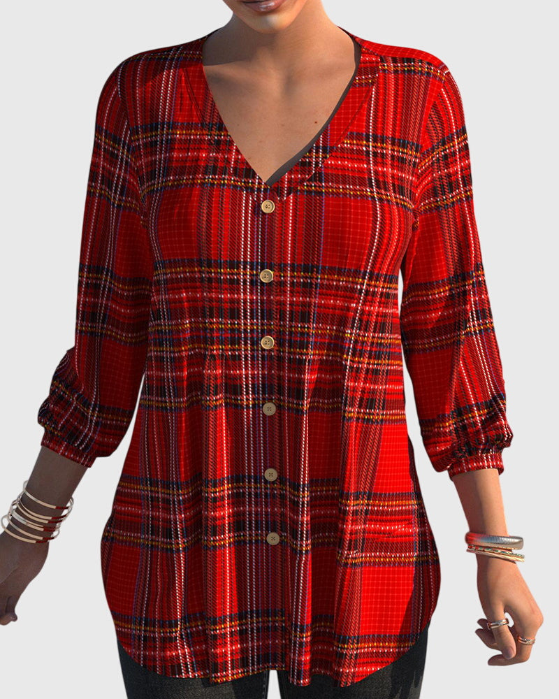 Button-up Plaid Blouse with V-Neck