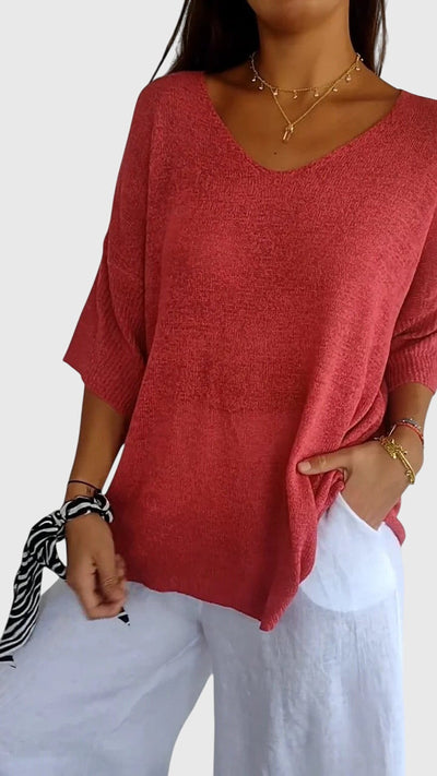 Solid Color Knitted V-neck Top