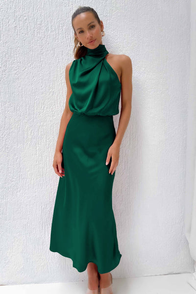 Ivy - Long Satin Dress with Halter Neckline