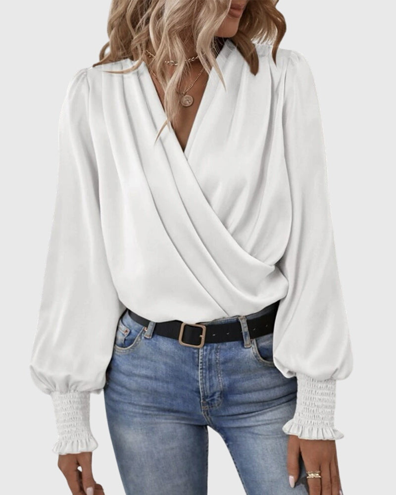 V-Neck Elegant Solid Color Blouse with Balloon Sleeves