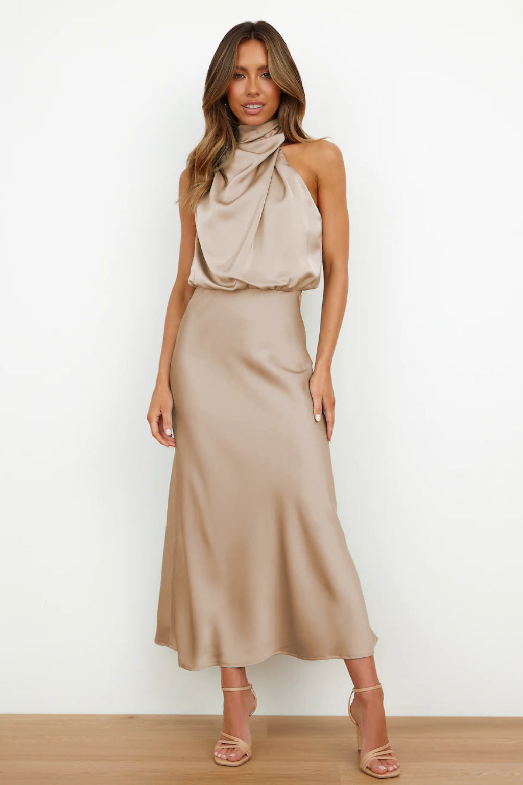 Ivy - Long Satin Dress with Halter Neckline