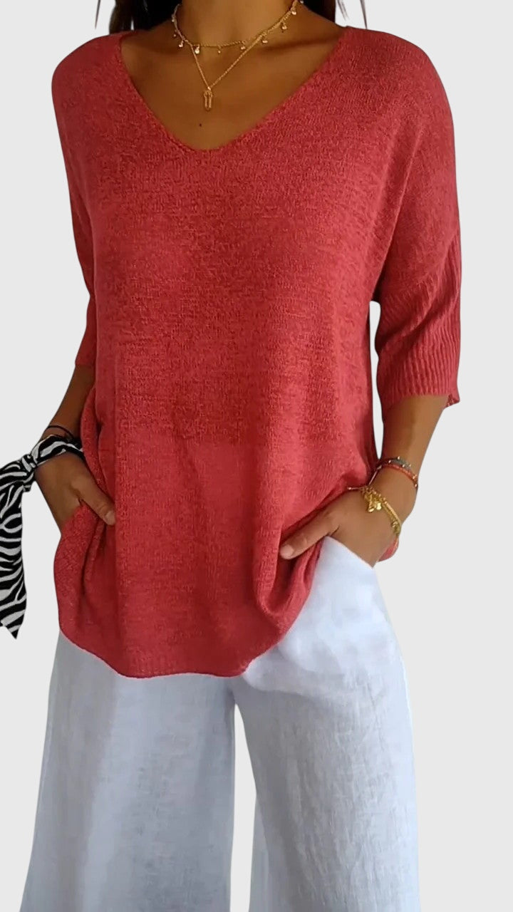 Solid Color Knitted V-neck Top