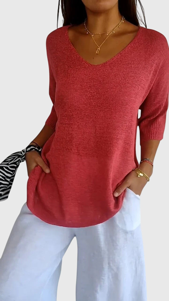 Solid Color Knitted V-neck Top