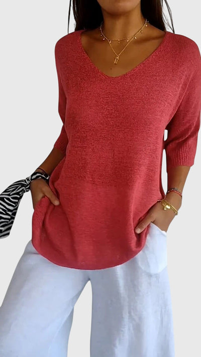Solid Color Knitted V-neck Top