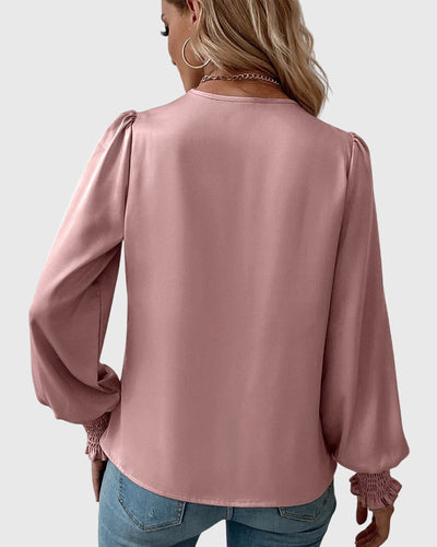 V-Neck Elegant Solid Color Blouse with Balloon Sleeves